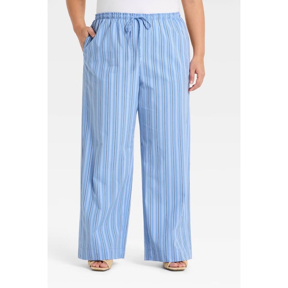 A NEW DAY $35 Womens Large Blue Stripe Mid-Rise Straight Leg Pull On Pants AA7